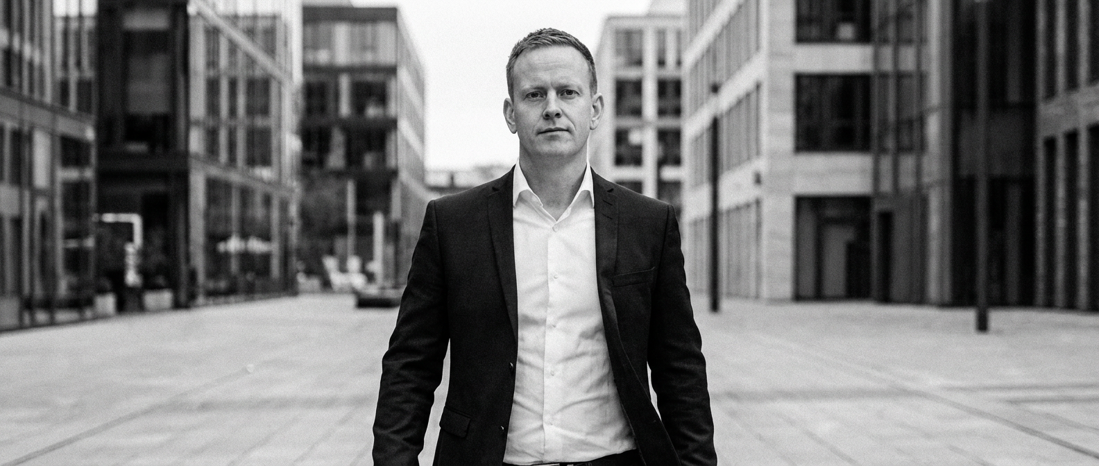 Philipp Trentmann, Geschäftsführer HASE + CO, vor moderner Stadtarchitektur